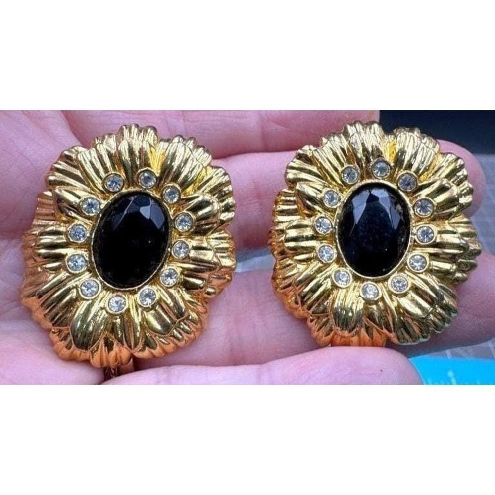 Vintage Earrings KJL for Avon Clip Oval Gold Tone Black Center 1 3/8" MINT